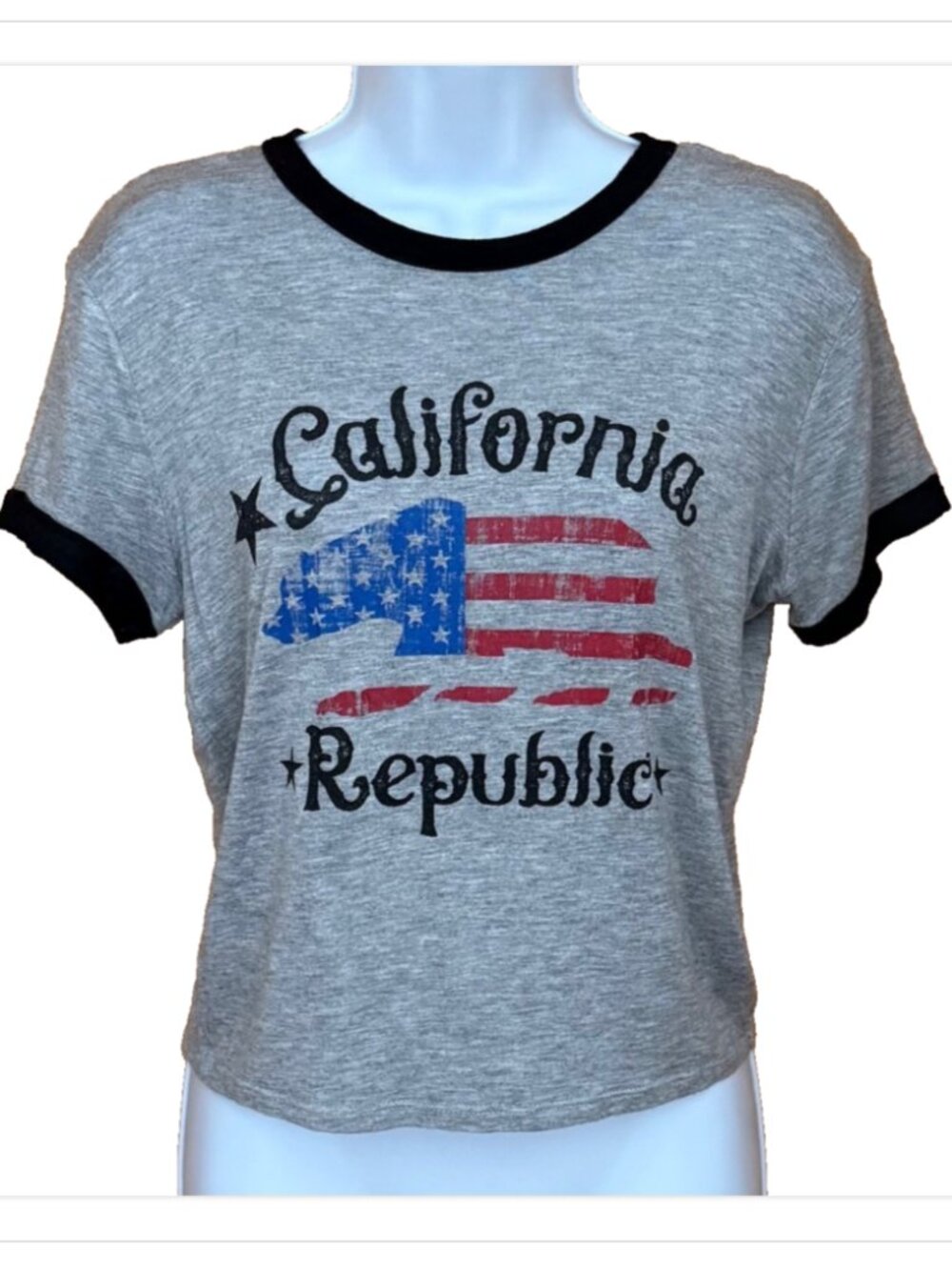 Gaze Women's Vintage California Cropped Gray Tee Flag Surf Festival Retro USA